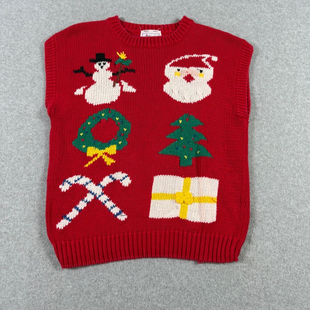 Windcrest Vintage Christmas Sweater Vest Red Hand Knit Santa Snowman Tree Women
